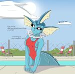  absurd_res animal_humanoid annoyed annoyed_expression anthro beach_chair blue_body blue_sky breasts clothed clothing cloud colored dialogue digital_media_(artwork) eeveelution english_text eyebrows female fence frown generation_1_pokemon glistening glistening_body hi_res humanoid light looking_at_viewer nintendo nipple_outline nipples one-piece_swimsuit partially_submerged pokemon pokemon_(species) poolside portrait red_one-piece_swimsuit shaded sharp_teeth side_boob simple_background simple_eyes simple_shading sky solo sunny swimwear synrize tail teeth text thick_thighs vaporeon water watermark webbed_ears white_eyes 