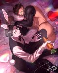  2boys abs aion_kiu animal_ears ass bara beard black_thighhighs carrot cheekbones clenched_teeth crossdressing crotchless dark-skinned_male dark_skin facial_hair from_above heart heart_pillow holding holding_carrot imminent_anal imminent_object_insertion imminent_penetration large_pectorals lying male_focus male_playboy_bunny mature_male meme_attire multiple_boys muscular muscular_male nipples on_bed on_side original pectorals pillow rabbit_boy rabbit_ears rabbit_tail reverse_bunnysuit reverse_outfit short_hair sideburns tail teeth thick_eyebrows thick_thighs thighhighs thighs waiter wrist_cuffs yaoi 