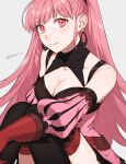  1girl bangs black_thighhighs blunt_bangs breasts cleavage collarbone commentary detached_sleeves earrings fire_emblem fire_emblem:_three_houses grey_background highres hilda_valentine_goneril jewelry knees_up large_breasts long_hair looking_at_viewer peach11_01 pink_eyes pink_hair puffy_sleeves simple_background sitting smile solo thighhighs thighs very_long_hair 