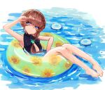  1girl barefoot black_suit blue_eyes braid breasts brown_hair casual_one-piece_swimsuit clothing_cutout crown_braid fate/grand_order fate_(series) floral_print green_innertube hand_up highres one-piece_swimsuit partially_submerged shaded_face shimogamo_(shimomo_12) side_braid small_breasts solo suit sunflower_print swimsuit van_gogh_(fate) van_gogh_(sink_deeper)_(fate) water wet 