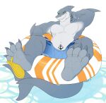  2023 4_toes anthro claws clothing feet fish foot_focus footwear grey_body hi_res looking_at_viewer male marine muscular muscular_anthro muscular_male navel pool sandals shark sharp_teeth simple_background slightly_chubby solo takesu tattoo teeth toes white_background white_body yellow_sclera 