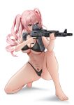  1girl absurdres aiming ak-12 arrow_(symbol) assault_rifle barbell_piercing bare_arms bare_legs barefoot body_writing cameltoe commentary covered_nipples english_text eotech feet finger_on_trigger full_body gibun_(sozoshu) gun highres holding holding_gun holding_weapon kalashnikov_rifle knee_up legs long_hair looking_ahead navel nipple_piercing on_one_knee optical_sight original piercing pink_hair purple_eyes pussy_piercing reflex_sight rifle sexually_suggestive shadow simple_background solo stomach thighs toenails toes twintails weapon white_background 