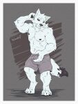  5_fingers anthro black_eyebrows bulge canid canine claws clothed clothing eyebrows fingers hand_behind_head hi_res holding_bulge male mammal muscular muscular_male nipples partially_clothed short_pants simple_background sketch solo standing to(matto)3 were werecanid werecanine werewolf white_eyes 