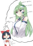  2girls ascot bare_shoulders black_hair bow brown_eyes closed_mouth commentary_request deetamu detached_sleeves drooling frog_hair_ornament green_eyes green_hair hair_between_eyes hair_bow hair_ornament hair_tubes hakurei_reimu highres imagining japanese_clothes kochiya_sanae long_hair mouth_drool multiple_girls nontraditional_miko open_mouth red_bow red_skirt ribbon-trimmed_sleeves ribbon_trim short_hair sidelocks simple_background skirt smile snake_hair_ornament touhou translation_request white_background white_sleeves wide_sleeves yellow_ascot 