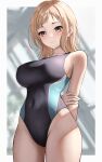 1girl arms_behind_back blush breasts collarbone competition_swimsuit covered_navel groin highres holding_own_arm idolmaster idolmaster_shiny_colors large_breasts light_brown_hair light_smile looking_at_viewer marinesnow medium_hair one-piece_swimsuit sakuragi_mano solo swimsuit 