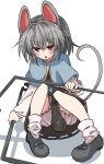  animal_ears bloomers blue_capelet capelet dowsing_rod grey_hair jewelry light_blush looking_at_viewer mifutatsu mouse_ears mouse_girl mouse_tail nazrin on_floor open_mouth pendant shadow simple_background tail touhou underwear upturned_eyes white_background white_bloomers 