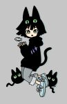  1girl :o animal_ears aqua_footwear black_cat black_hair black_hoodie blunt_bangs blunt_ends blush_stickers bob_cut bright_pupils cat cat_ears cat_girl cat_tail commentary_request creature dot_nose drop_shadow extra_eyes fang fish_bone full_body garouma green_eyes grey_background grey_pants hands_up highres hood hood_down hoodie long_sleeves looking_at_viewer open_mouth original pants pants_rolled_up shoes short_hair signature simple_background sleeves_past_wrists sneakers solo tail white_pupils 