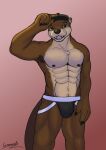  absurd_res anthro brown_body brown_fur clothed clothing digital_media_(artwork) echo_(game) echo_(series) echo_project fur greensodafennec hat headgear headwear hi_res jockstrap looking_at_viewer male mammal muscular muscular_male mustelid nipples otter simple_background smile solo sydney_bronson underwear visual_novel 