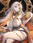  1girl absurdres animal blonde_hair bodysuit breasts commentary fire_emblem fire_emblem_heroes forehead_jewel giant_snake gold_horns gold_trim gonzarez grey_bodysuit gullveig_(fire_emblem) highres horns huge_breasts multicolored_hair oversized_animal pale_skin single_horn snake snake_hair solo white_hair yellow_eyes yellow_horns 