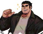  1boy :d absurdres bandaid bandaid_on_face bandaid_on_nose bara beard_stubble black_hair chest_hair_peek cropped_torso highres huge_eyebrows jacket large_hands large_pectorals leather leather_jacket lucas_lee male_focus muscular muscular_male one_eye_closed pectoral_cleavage pectorals pointing pointing_at_self ruslorc scott_pilgrim_takes_off shirt short_hair sideburns_stubble smile solo sparkling_aura t-shirt unfinished 