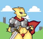  anthro armor bagungie belly cape clothing dragon drakolith female hi_res horn humanoid medieval_fantasy melee_weapon sky slightly_chubby solo sword weapon 