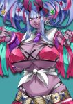  1girl absurdres belt bikini blue_hair breasts choker cleavage collared_shirt colored_skin detached_sleeves double_bun earrings fate/grand_order fate_(series) grey_skin gumi_(the_eye_of_darkness) hair_between_eyes hair_bun hair_ornament highres hoop_earrings horns huge_breasts ibuki_douji_(fate) ibuki_douji_(swimsuit_berserker)_(fate) ibuki_douji_(swimsuit_berserker)_(second_ascension)_(fate) jewelry long_hair looking_to_the_side multicolored_hair navel necktie oni oni_horns open_mouth pink_bikini pink_hair pink_skirt pointy_ears pom_pom_(cheerleading) red_eyes shirt short_sleeves sidelocks skirt smile star_(symbol) star_hair_ornament swimsuit tied_shirt white_shirt 