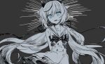  1girl arms_behind_back blue_eyes bow bowtie buttons collarbone commentary_request cowboy_shot dress empty_eyes fang floating_hair greyscale gynoid_talk hair_bow hair_flaps head_tilt highres horns light_smile long_hair looking_at_viewer low_ponytail meika_mikoto monochrome multicolored_hair open_mouth ringed_eyes sailor_collar skin_fang sleeveless sleeveless_dress solo split_ponytail spot_color streaked_hair very_long_hair vocaloid yoshino_ns 