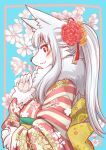  2019 :3 absurd_res accessory anthro asian_clothing blue_background canid canine circle_eyebrows clothed clothing east_asian_clothing eyebrow_through_hair eyebrows female finger_on_chin floral_print flower flower_in_hair fox fur hair hair_accessory hi_res japanese_clothing kemono kimono mammal neck_tuft obi pawpads plant red_eyes side_mouth side_view simple_background smile solo tamamo-chan&#039;s_a_fox tamamo_fushimi translucent translucent_hair tuft white_body white_fur white_hair yuuki_ray 