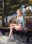  1girl blonde_hair blue_eyes dress full_body hair_ornament highres landscape legs long_hair nature sainty scenery self-upload sitting smile star_butterfly star_vs_the_forces_of_evil 