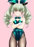  1girl absurdres anchovy_(girls_und_panzer) animal_ears aqua_bow aqua_bowtie aqua_leotard ass_visible_through_thighs black_pantyhose bow bowtie breasts brown_eyes cleavage commentary_request cowboy_shot crossed_arms detached_collar drill_hair fishnet_pantyhose fishnets girls_und_panzer green_hair grin highres leotard long_hair looking_at_viewer medium_breasts nanao_futaba pantyhose pink_background playboy_bunny rabbit_ears simple_background smile solo strapless strapless_leotard twin_drills twintails wrist_cuffs 