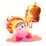  arm_up artist_name blue_eyes blue_gemstone blush blush_stickers boned_meat breathing_fire commentary_request copy_ability fire fire_kirby food full_body gem headpiece holding holding_food kirby kirby_(series) meat ninjya_palette no_humans open_mouth shadow simple_background solo standing star_(symbol) star_in_eye symbol_in_eye twitter_username watermark white_background 