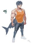  003_ssq 1boy animal_print bad_id bad_twitter_id bara denim expressionless fang fang_out fins fish_print fish_tail full_body gills highres jeans large_pectorals looking_ahead male_focus muscular muscular_male orange_tank_top original pants pectorals shark_boy shark_fin shark_tail short_hair side_slit sidepec solo standing tail tank_top thick_eyebrows 