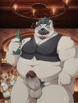  2023 aegis_(crave_saga) anthro balls bear belly big_belly blush brown_body clothed clothing crave_saga drunk duo erection facial_hair gabu_(crave_saga) genitals hi_res humanoid_genitalia humanoid_penis kemono male mammal mature_male mustache navel one_eye_closed penis polar_bear pomupomu490 substance_intoxication ursine white_body wink 