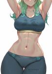  1girl absurdres alternate_costume armpits arms_up artist_name ass_visible_through_thighs blue_pants blue_sports_bra blush breasts cameltoe ceres_fauna collarbone commentary cowboy_shot curvy earrings english_commentary green_hair highres hololive hololive_english jewelry large_breasts long_hair myth1carts navel pants patreon_logo pixiv_logo simple_background smile solo sports_bra stomach stud_earrings sweat thigh_gap thighs twitter_logo virtual_youtuber white_background wide_hips yoga_pants 