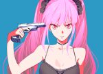  1girl black_camisole black_choker blue_background breasts camisole choker earrings gun gun_to_head handgun holding holding_gun holding_weapon hololive hololive_english jewelry long_hair looking_at_viewer medium_breasts mori_calliope pako_(pakosun) parody parted_lips persona persona_3 pink_eyes pink_hair scrunchie sidelocks simple_background skull_choker skull_earrings solo tsurime twintails upper_body virtual_youtuber weapon 