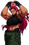  abs absurdres ali_(sotcho) black_horns breasts buckle crop_top dark-skinned_female dark_skin dragon_girl earrings fingerless_gloves gloves green_pants heart heart_hands highres horns huge_breasts jewelry long_hair looking_at_viewer muscular muscular_female one_eye_closed pants pointy_ears red_hair slit_pupils smile sotcho tall_female tongue tongue_out yellow_eyes 