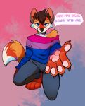  anthro bisexual bisexual_pride_colors bottomwear canid canine clothing collar female ferox_(feroxdoon) feroxdoon fox geotalon girly hair hi_res lgbt_pride makeup male mammal nonbinary_(lore) nonbinary_pride_colors offering_hand pants pawpads pride_color_flag pride_colors reaching_towards_viewer red_fox smile solo support sweater topwear 