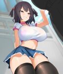  1girl 1other bebebe_(pepegakii) black_hair blue_skirt breasts highres looking_at_viewer medium_hair miniskirt navel original shirt short_twintails skirt solo_focus tank_top thighhighs thighs twintails white_shirt 