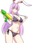  1girl animal_ears bikini black_bikini breasts closed_mouth commentary ehehe52921343 groin hand_in_own_hair highres holding holding_water_gun korean_commentary large_breasts long_hair navel purple_hair rabbit_ears rabbit_girl red_eyes reisen_udongein_inaba simple_background smile solo swimsuit touhou water_gun white_background 