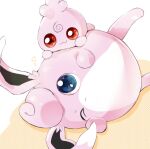  :3 asakirirokuyu blue_eyes closed_mouth commentary_request igglybuff looking_at_viewer lying no_humans on_side one_eye_closed pokemon pokemon_(creature) polka_dot polka_dot_background red_eyes simple_background smile white_background wigglytuff yellow_background 