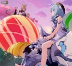  1boy 2girls ahoge animal animal_ears bare_legs bare_shoulders barefoot black_headwear breasts can_(honkai_impact) candy cat cat_ears cat_girl cat_tail chinese_commentary closed_mouth dress food griseo hand_on_own_cheek hand_on_own_face helmet heterochromia highres honkai_(series) honkai_impact_3rd leg_up logo looking_at_another medium_hair mr.knight_(honkai_impact) multiple_girls official_art official_wallpaper pardofelis_(honkai_impact) parted_lips pine_tree pink_sky purple_eyes sky small_breasts tail tree white_armor white_dress 