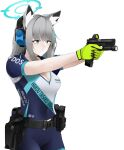  1girl animal_ear_fluff animal_ears assault_rifle biker_clothes bikesuit blue_archive blue_eyes bodysuit breasts cleavage closed_mouth commentary_request ear_protection fte_(fifteen_199) gloves green_gloves grey_hair gun hair_ornament halo handgun highres holding holding_gun holding_weapon looking_away medium_breasts rifle shiroko_(blue_archive) shiroko_(cycling)_(blue_archive) short_sleeves sig_sauer_556 simple_background solo standing weapon white_background 