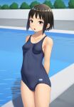  1girl arms_behind_back black_eyes black_hair blue_one-piece_swimsuit bob_cut breasts commentary_request covered_navel cowboy_shot day highres looking_at_viewer maburu_(lojyq1eur3e8bit) one-piece_swimsuit open_mouth original outdoors pool poolside school_swimsuit shadow short_hair small_breasts solo standing swimsuit 