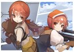  1girl breasts brown_eyes brown_gloves brown_hair brown_shorts clothes_around_waist cloud commentary_request falcon_(girls&#039;_frontline) from_above girls&#039;_frontline girls&#039;_frontline_neural_cloud gloves hair_between_eyes hair_ribbon head_scarf headband highres holding holding_weapon jacket jacket_around_waist looking_at_viewer looking_back low_twintails lying puffy_short_sleeves puffy_sleeves red_ribbon ribbon shirt short_sleeves shorts small_breasts smile stuffed_animal stuffed_toy suginakara_(user_ehfp8355) tearing_up teddy_bear twintails weapon white_shirt yellow_jacket zvi_falcon 
