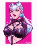  1girl artist_name asymmetrical_bangs black_choker blue_jacket blush breasts choker cone_hair_bun cropped_jacket demon demon_girl drop_earrings earrings evelynn_(league_of_legends) eyeshadow hair_bun highres jacket jewelry k/da_all_out_evelynn league_of_legends long_hair looking_at_viewer makeup medium_breasts o-ring open_clothes open_jacket osevno pink_background pink_lips purple_eyeshadow revealing_clothes smile solo the_baddest_evelynn upper_body white_hair yellow_eyes 