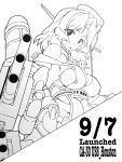  1girl 547th_sy breasts cannon character_name creature headgear highres houston_(kancolle) kantai_collection large_breasts lineart looking_at_viewer machinery medium_hair military_uniform monochrome smokestack turret uniform upper_body 