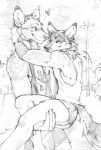  &lt;3 akatan_art anthro canid closed_smile clothed clothing duo embrace eyebrows eyes_closed gloves_(marking) hi_res holding_another hug male mammal markings monochrome mouth_closed narrowed_eyes outside plant tree 