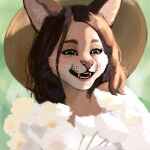  anthro big_ears bouquet brown_eyes brown_hair bust_portrait caracal caracal_(genus) clothed clothing cute_expression drijuce fangs felid feline female flower glistening glistening_eyes grass hair happy hat headgear headwear hi_res inner_ear_fluff light lighting long_hair looking_at_another mammal markings narrowed_eyes outside pink_nose plant portrait smile smiling_at_another solo spring spring_(season) straw_hat sunlight teeth tuft whisker_markings whiskers wholesome 