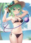  1girl bare_arms bare_legs bare_shoulders bikini black_bikini blush breasts brown_headwear cleavage collarbone green_eyes green_hair hair_between_eyes hat heart heart_of_string highres komeiji_koishi looking_at_viewer medium_breasts navel open_mouth ruhika short_hair solo swimsuit third_eye touhou 