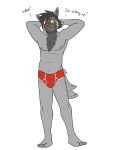  anthro anthrofied briefs briefs_only bulge clothed clothing dialogue english_text full-length_portrait fuze generation_3_pokemon hands_behind_head hi_res male navel nintendo nipples pawl_(fuze) pokemon pokemon_(species) pokemorph poochyena portrait red_briefs red_clothing red_underwear simple_background slightly_chubby solo text topless underwear underwear_only white_background 