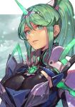  1girl armor bodysuit breasts chest_jewel cleavage earrings green_eyes hair_between_eyes hungry_clicker jewelry large_breasts long_hair looking_at_viewer parted_lips pneuma_(xenoblade) ponytail solo swept_bangs tiara very_long_hair xenoblade_chronicles_(series) xenoblade_chronicles_2 