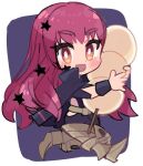  1girl :d blush cape chibi clothing_cutout fire_emblem fire_emblem_engage food full_body holding holding_food long_hair red_eyes red_hair simple_background smile solo tamatamariso85 yunaka_(fire_emblem) 