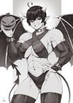 1girl abs absurdres ahoge breasts bridal_gauntlets collar demon_girl demon_horns demon_tail demon_wings elbow_gloves gloves grin hand_on_own_hip highres horns jack-o&#039;-lantern large_breasts looking_at_viewer monochrome muscular muscular_female navel original pointy_ears short_hair smile solo speedl00ver spiked_collar spikes tail thighhighs very_short_hair wings 