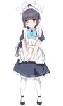  1girl 3: absurdres ahoge alternate_costume alternate_hairstyle animal_ears apron apron_tug black_hair blue_archive blue_bow blue_bowtie blush bow bowtie commentary_request crust_gm0 embarrassed enmaided fake_animal_ears full_body hair_between_eyes halo highres long_hair looking_at_viewer looking_away maid maid_apron maid_headdress miyu_(blue_archive) pantyhose ponytail rabbit_ears red_eyes short_sleeves sidelocks simple_background solo standing sweatdrop white_background white_pantyhose 