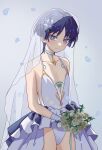  1boy bare_shoulders bishounen bouquet bride choker commentary dress flower flower_on_head genshin_impact highres holding holding_bouquet looking_at_viewer male_focus purple_eyes purple_hair scaramouche_(genshin_impact) short_hair simple_background solo symbol-only_commentary tututor veil wedding_dress white_choker white_dress white_flower 