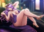  1girl alternate_costume arm_up artist_logo blurry blurry_background breasts brown_footwear camilla_(fire_emblem) collarbone commentary depth_of_field dress english_commentary eyelashes feet fire_emblem fire_emblem_fates hair_over_one_eye hairband hand_up high_heels highres jewelry knees_together_feet_apart knees_up large_breasts legs long_hair looking_at_viewer lying mixed-language_commentary necklace on_back on_vehicle open_mouth parted_bangs purple_dress purple_eyes purple_hair revealing_clothes rinku_bny shadow sidelocks signature solo strappy_heels thighs toenails toes 