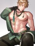  1boy abs bara bare_pectorals black_choker black_pants blonde_hair choker closed_mouth green_jacket grey_background highres jacket large_pectorals male_focus muscular muscular_male navel necktie nipples nu_carnival obtish4ld open_clothes open_jacket pants pectorals quincy_(nu_carnival) short_hair simple_background sitting solo 