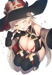  1girl ;d absurdres black_gloves blonde_hair blush boots bra bra_peek breasts cape cleavage commentary_request fang from_above gloves hair_between_eyes hat highres large_breasts long_hair looking_at_viewer nijisanji nui_sociere nui_sociere_(1st_costume) one_eye_closed partially_fingerless_gloves selfie skin_fang smile solo sparkle squatting thigh_boots torn_clothes torn_hat underwear virtual_youtuber witch_hat yellow_eyes yusayusa56561 