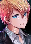  1boy absurdres black_jacket blonde_hair blue_eyes closed_mouth earrings esora-arts highres hoshino_aquamarine jacket jewelry male_focus oshi_no_ko shirt short_hair smile solo star_(symbol) symbol-shaped_pupils white_shirt 