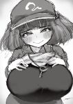  1girl absurdres blush breasts closed_mouth commentary_request flat_cap greyscale hands_on_own_chest hat highres huge_breasts kawashiro_nitori key looking_at_viewer monochrome navel qralto sketch smile solo touhou upper_body variant_set 